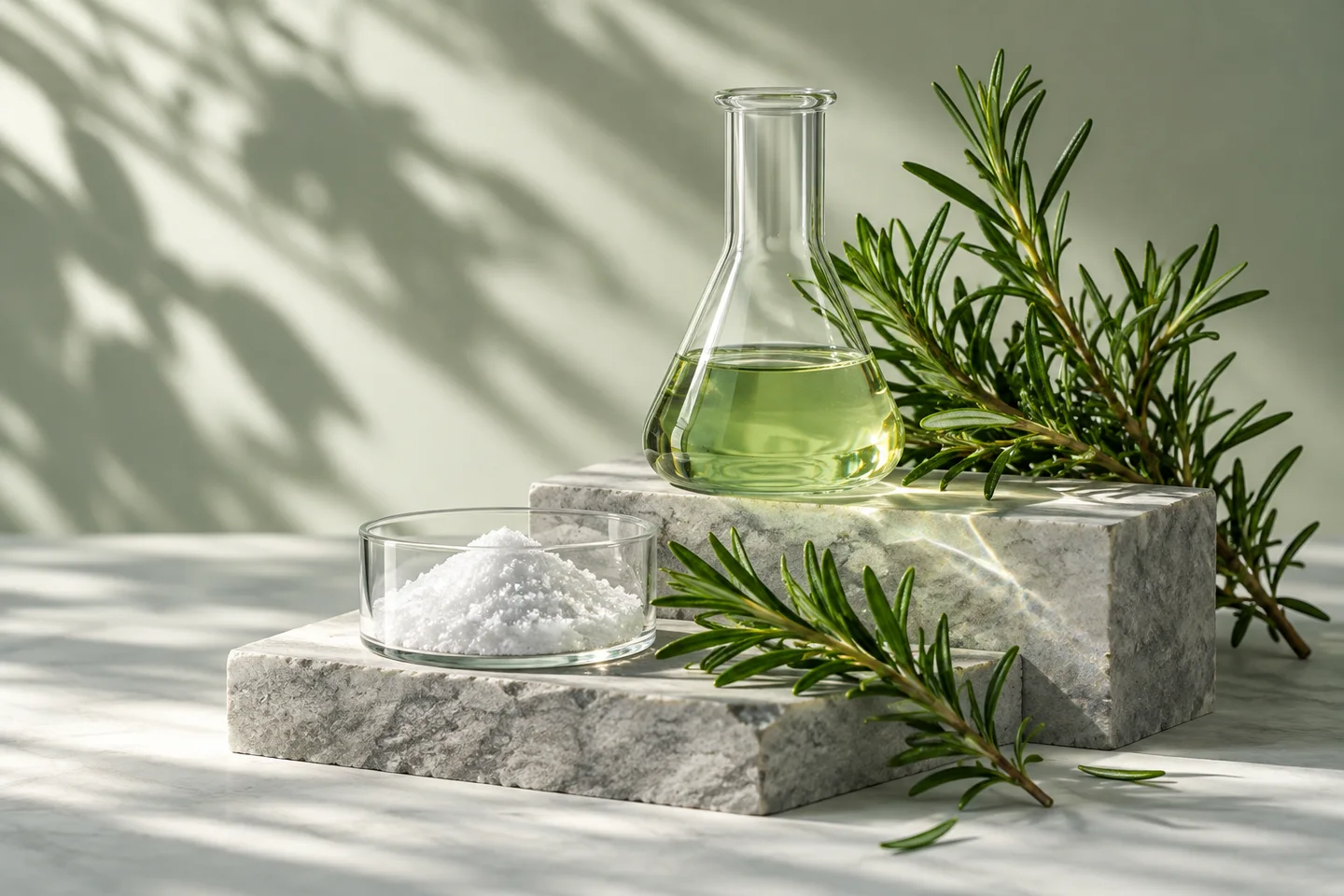 Conceptual ingredient still life with rosemary, glassware and crystalline powder
